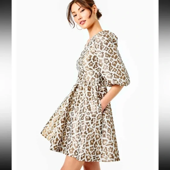 SOLD.  NWT Lilly Pulitzer Calyssa Dress Gold Metallic Leopard Jacquard | 12 - Picture 12 of 12